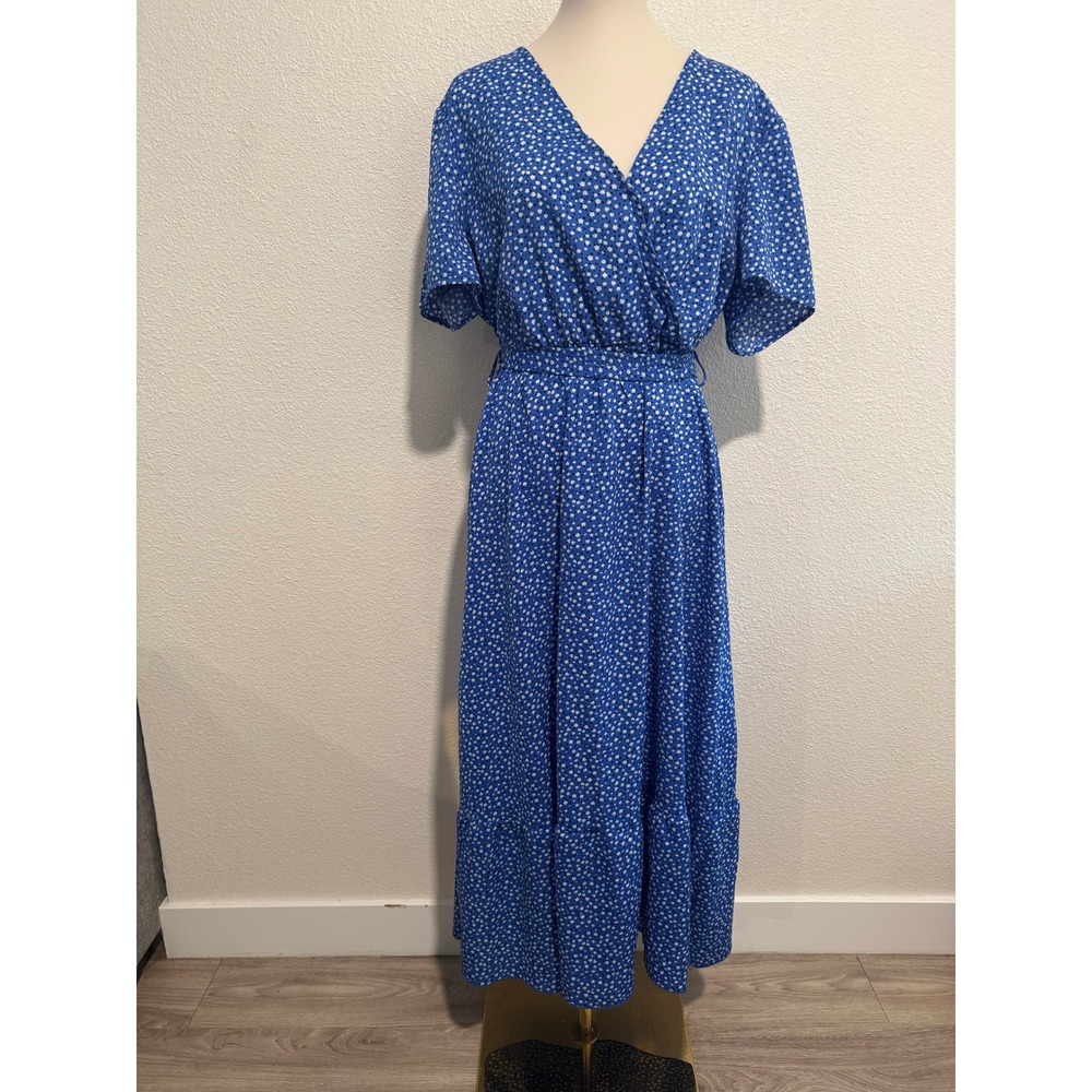 PRETTY GARDEN Blue Floral Maxi Wrap Dress Short Sleeve Belted XL